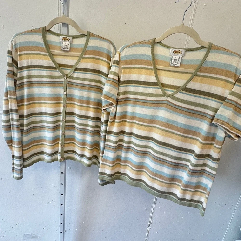 Vintage Talbot Set Striped Pastel Cardigan T-shirt 2 Piece Matching Set Neutral